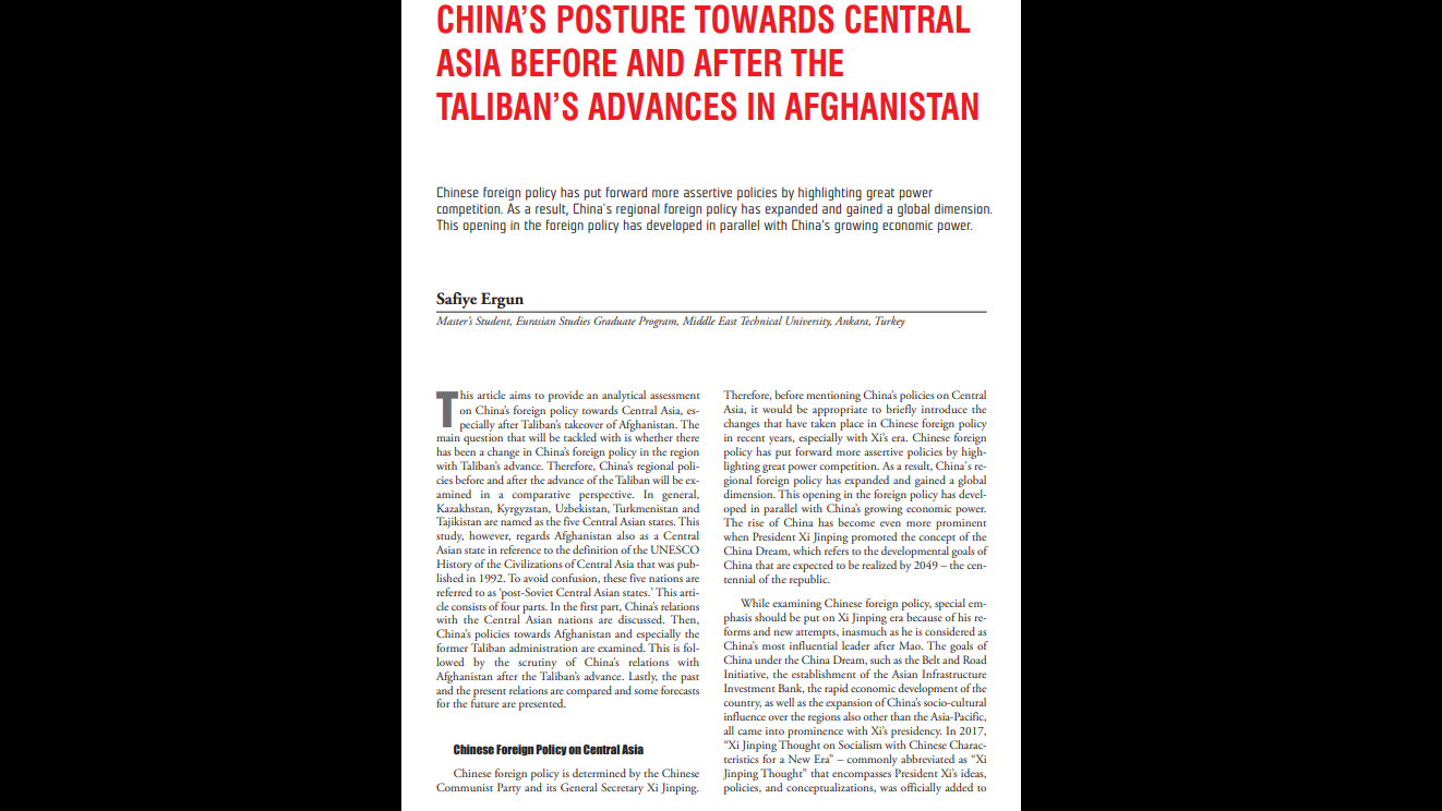 ARTICLE TITLED: “CHINA’S POSTURE TOWARDS CENTRAL ASIA BEFORE AND AFTER THE TALIBAN’S ADVANCES IN AFGHANISTAN"